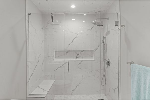 Bathroom, Glass Shower, Interior, Marble Walls, Recessed Lighting