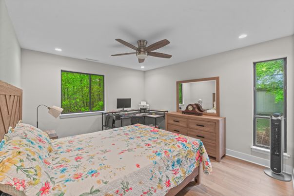 Bedroom, Home Office, Interior, Recessed Lighting, Wood Texture Flooring