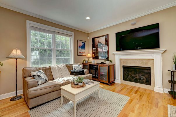 Fireplace, Interior, Living room, Recessed Lighting, Wood Texture Flooring