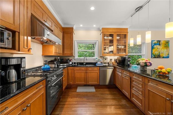 Interior, Kitchen, Pendant Lights, Recessed Lighting, Stainless Steel Appliances, Wood Texture Flooring
