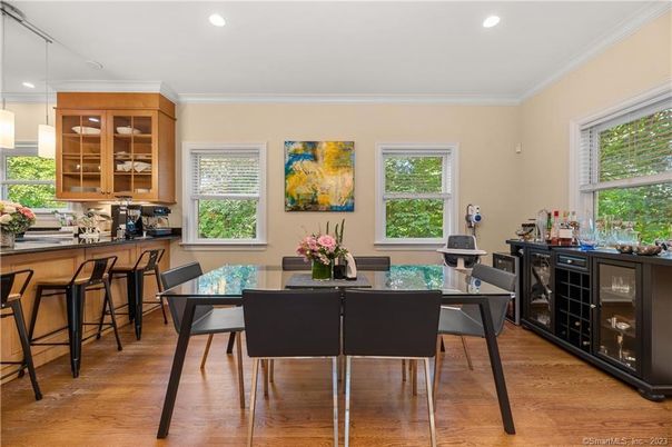 Dining room, Interior, Pendant Lights, Recessed Lighting, Wood Texture Flooring