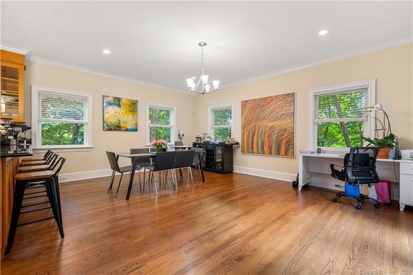 Chandelier, Home Office, Interior, Recessed Lighting, Wood Texture Flooring