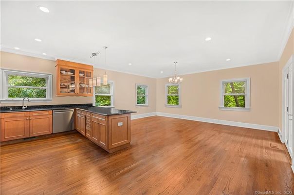 Chandelier, Interior, Kitchen, Pendant Lights, Recessed Lighting, Stainless Steel Appliances, Wood Texture Flooring