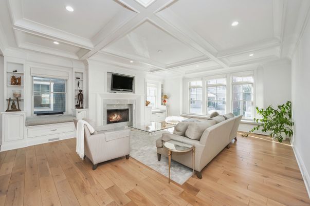 Fireplace, Interior, Living room, Recessed Lighting, Wood Texture Flooring