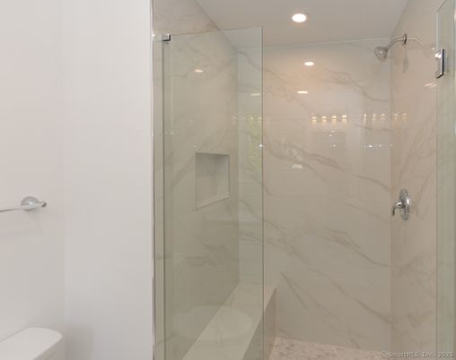 Bathroom, Glass Shower, Interior, Marble Walls, Recessed Lighting