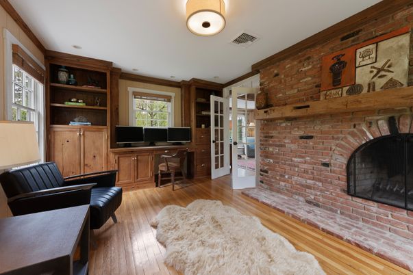 Fireplace, Home Office, Interior, Stone Walls, Wood Texture Flooring