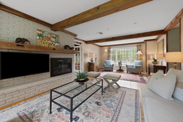 Fireplace, Interior, Living room, Recessed Lighting, Stone Walls, Wooden Beams