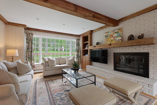 Fireplace, Interior, Living room, Recessed Lighting, Stone Walls, Wooden Beams, Wood Texture Flooring