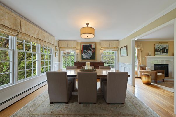 Dining room, Fireplace, Interior, Wood Texture Flooring