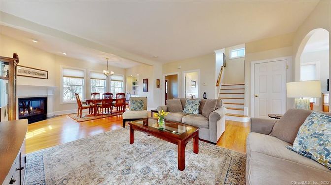 Chandelier, Dining room, Fireplace, Interior, Living room, Recessed Lighting, Wood Texture Flooring