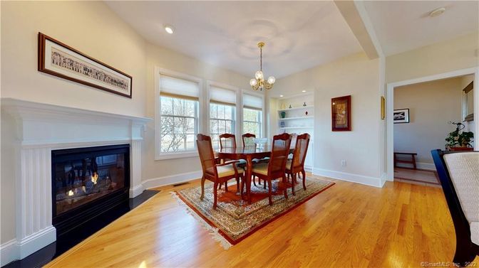 Chandelier, Dining room, Fireplace, Interior, Recessed Lighting, Wood Texture Flooring