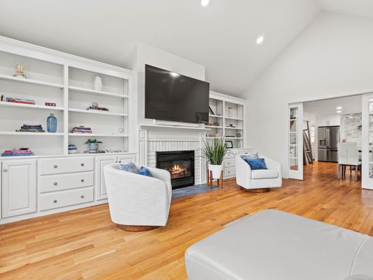 Fireplace, Interior, Living room, Recessed Lighting, Wood Texture Flooring