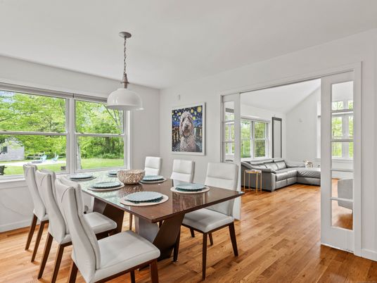 Dining room, Interior, Living room, Pendant Lights, Wood Texture Flooring
