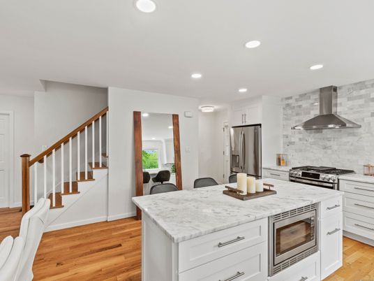 Interior, Kitchen, Recessed Lighting, Stainless Steel Appliances, Wood Texture Flooring