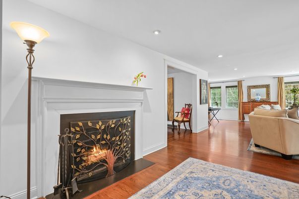 Fireplace, Interior, Recessed Lighting, Wood Texture Flooring