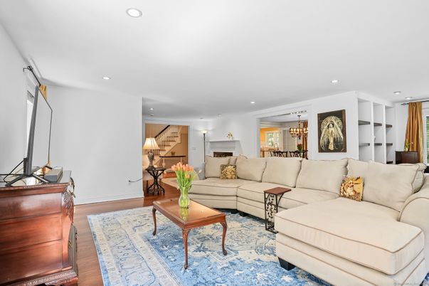 Dining room, Interior, Living room, Recessed Lighting, Wood Texture Flooring