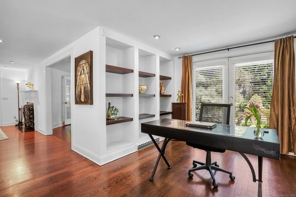 Fireplace, Home Office, Interior, Recessed Lighting, Wood Texture Flooring