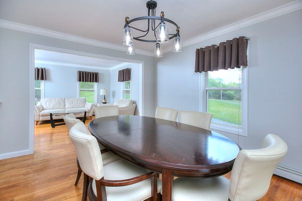 Dining room, Interior, Living room, Pendant Lights, Wood Texture Flooring