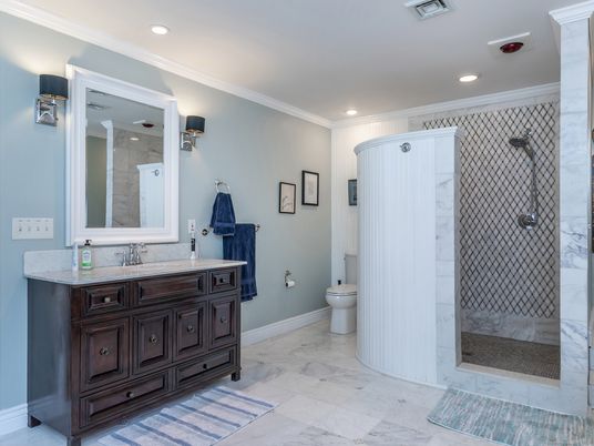 Bathroom, Glass Shower, Interior, Marble, Recessed Lighting