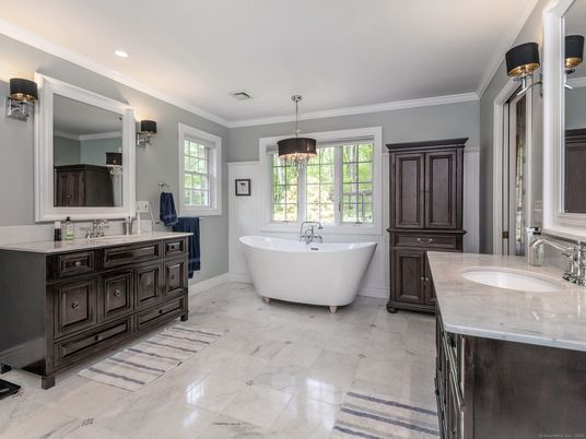 Bathroom, Dual Sink Vanities, Free Standing Baths, Interior, Marble, Pendant Lights, Recessed Lighting