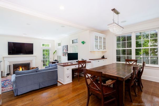 Chandelier, Fireplace, Home Office, Interior, Living room, Recessed Lighting, Wood Texture Flooring