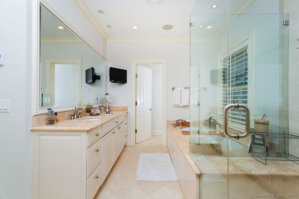 Bathroom, Dual Sink Vanities, Glass Shower, Interior, Recessed Lighting