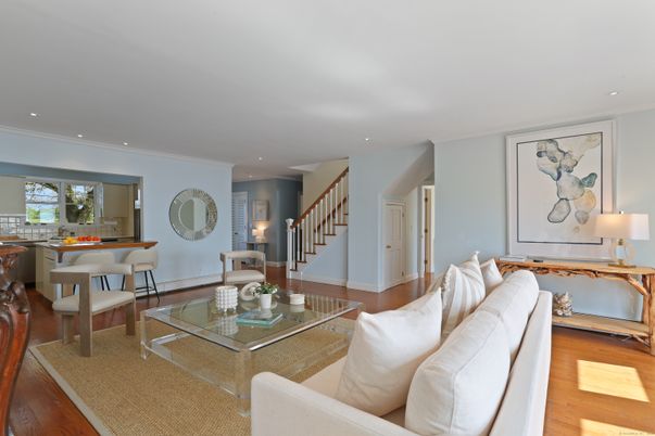 Dining room, Interior, Living room, Recessed Lighting, Wood Texture Flooring