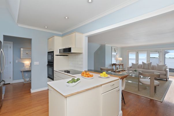 Interior, Kitchen, Living room, Recessed Lighting, Stainless Steel Appliances, Wood Texture Flooring