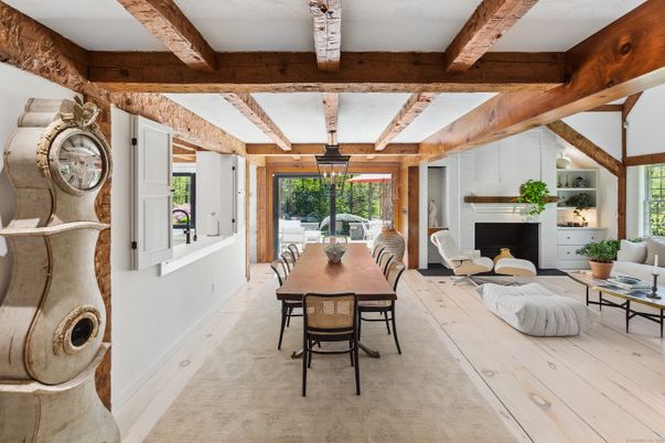 Dining room, Fireplace, Interior, Living room, Wooden Beams, Wood Texture Flooring