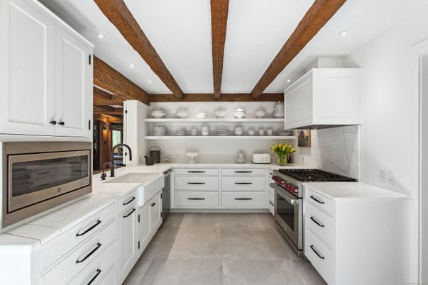 Interior, Kitchen, Recessed Lighting, Stainless Steel Appliances, Wooden Beams