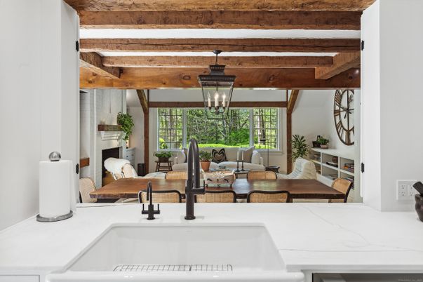 Dining room, Interior, Pendant Lights, Wooden Beams, Wood Texture Flooring