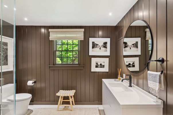 Bathroom, Dual Sink Vanities, Interior, Recessed Lighting, Wooden Walls