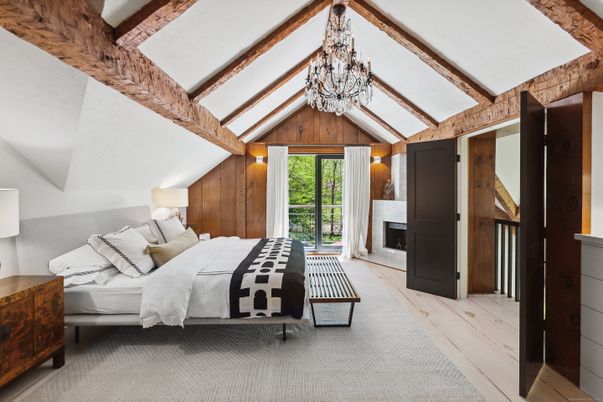 Bedroom, Chandelier, Fireplace, Interior, Wooden Beams, Wooden Walls