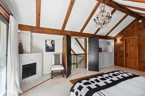 Bedroom, Chandelier, Fireplace, Interior, Wooden Beams, Wooden Walls