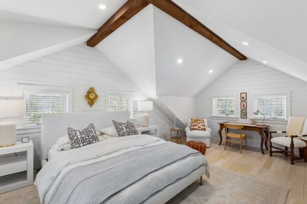 Bedroom, Interior, Recessed Lighting, Wooden Beams, Wood Texture Flooring