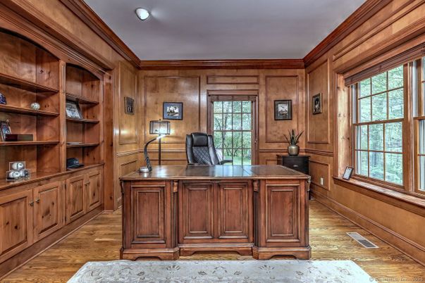 Home Office, Interior, Recessed Lighting, Wood Texture Flooring, Wooden Walls