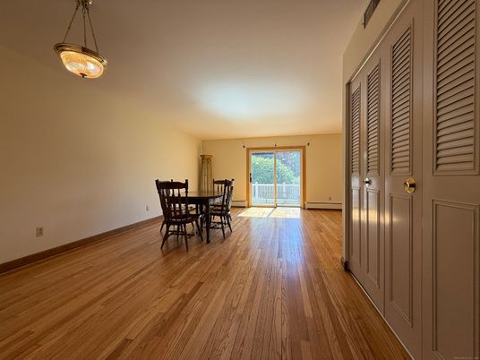 Dining room, Interior, Pendant Lights, Wood Texture Flooring