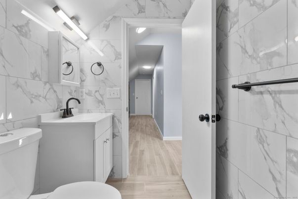 Bathroom, Interior, Marble Walls, Wood Texture Flooring