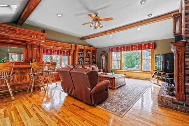 Fireplace, Interior, Living room, Recessed Lighting, Wooden Beams, Wood Texture Flooring, Wooden Walls