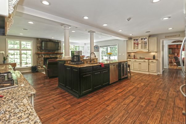 Fireplace, Interior, Kitchen, Recessed Lighting, Wood Texture Flooring
