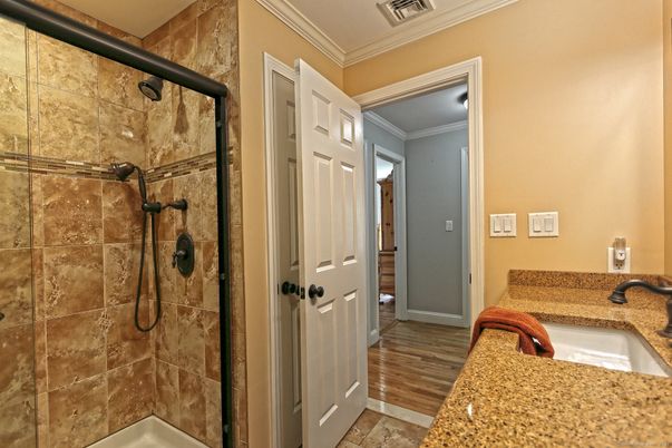 Bathroom, Glass Shower, Interior, Wood Texture Flooring