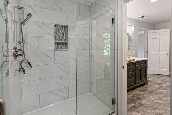 Bathroom, Glass Shower, Interior, Marble Walls, Recessed Lighting