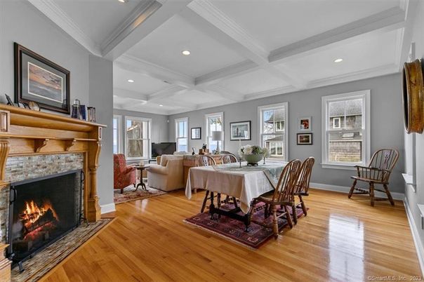 Dining room, Fireplace, Interior, Living room, Recessed Lighting, Wood Texture Flooring