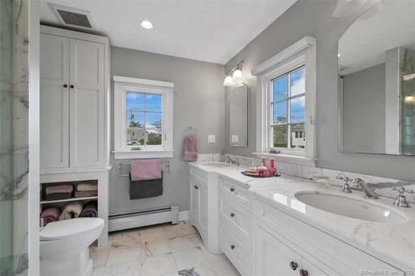 Bathroom, Dual Sink Vanities, Interior, Marble, Recessed Lighting
