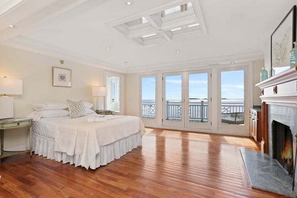 Bedroom, Fireplace, Interior, Recessed Lighting, Wood Texture Flooring