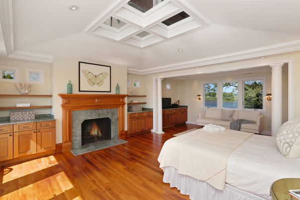 Bedroom, Fireplace, Interior, Recessed Lighting, Wood Texture Flooring