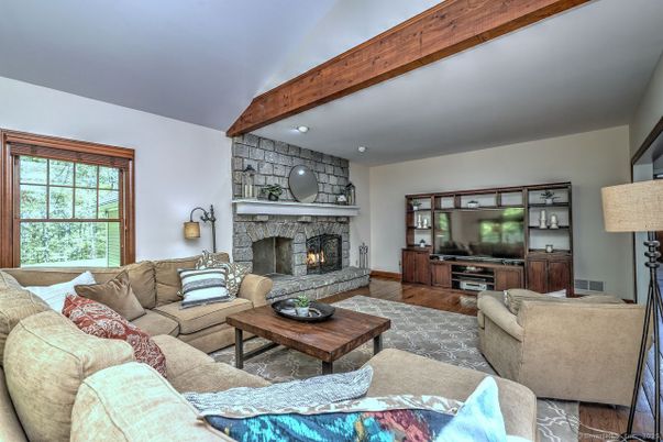 Fireplace, Interior, Living room, Stone Walls, Wooden Beams, Wood Texture Flooring