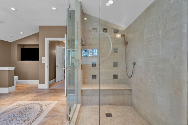 Bathroom, Glass Shower, Interior, Recessed Lighting, Wood Texture Flooring