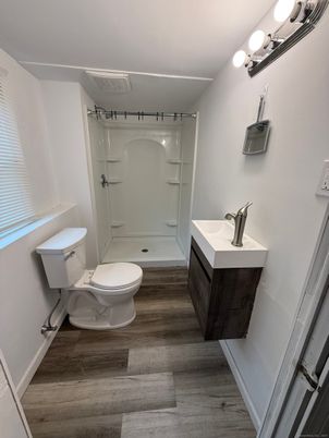 Bathroom, Glass Shower, Interior, Wood Texture Flooring