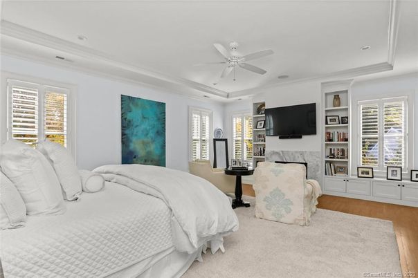 Bedroom, Fireplace, Interior, Recessed Lighting, Wood Texture Flooring